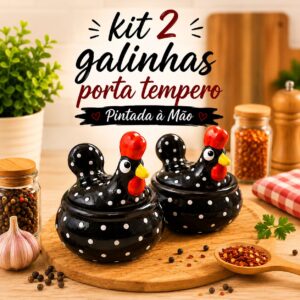 Kit 2 Mini Galinhas Porta Tempero em Cerâmica Pintada à Mão