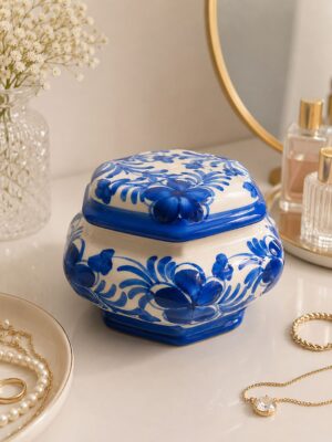 Porta Joia Azul em Ceramica Artesanal Formato Octagonal