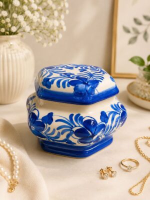 Porta Joia Azul em Ceramica Artesanal Formato Octagonal